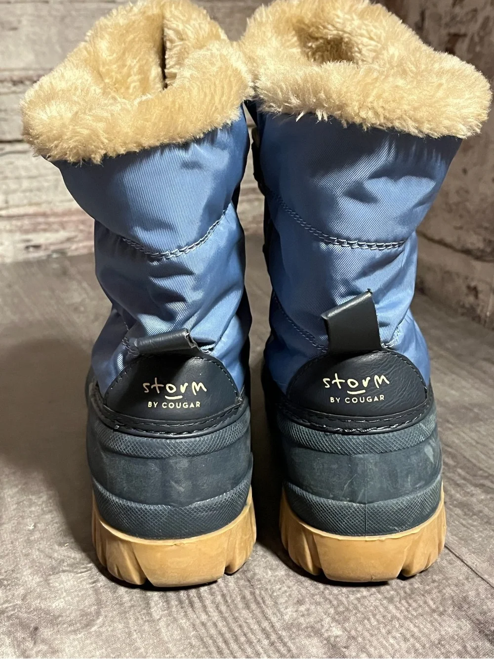 Cinch Kids Waterproof Winter Boots in Blue and Tan with Faux Fur Cuff